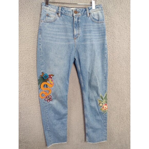 Sandro Basil Floral & Snake Embroidered Crop Denim Jeans Pants Women Sz 38 US 30 - Picture 1 of 15